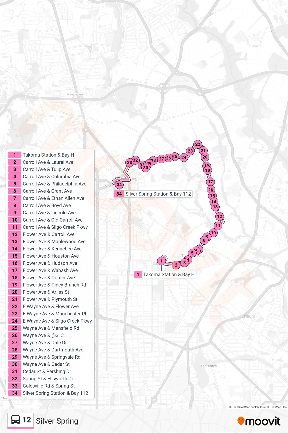 12 bus Line (Silver Spring) route and stops on a map