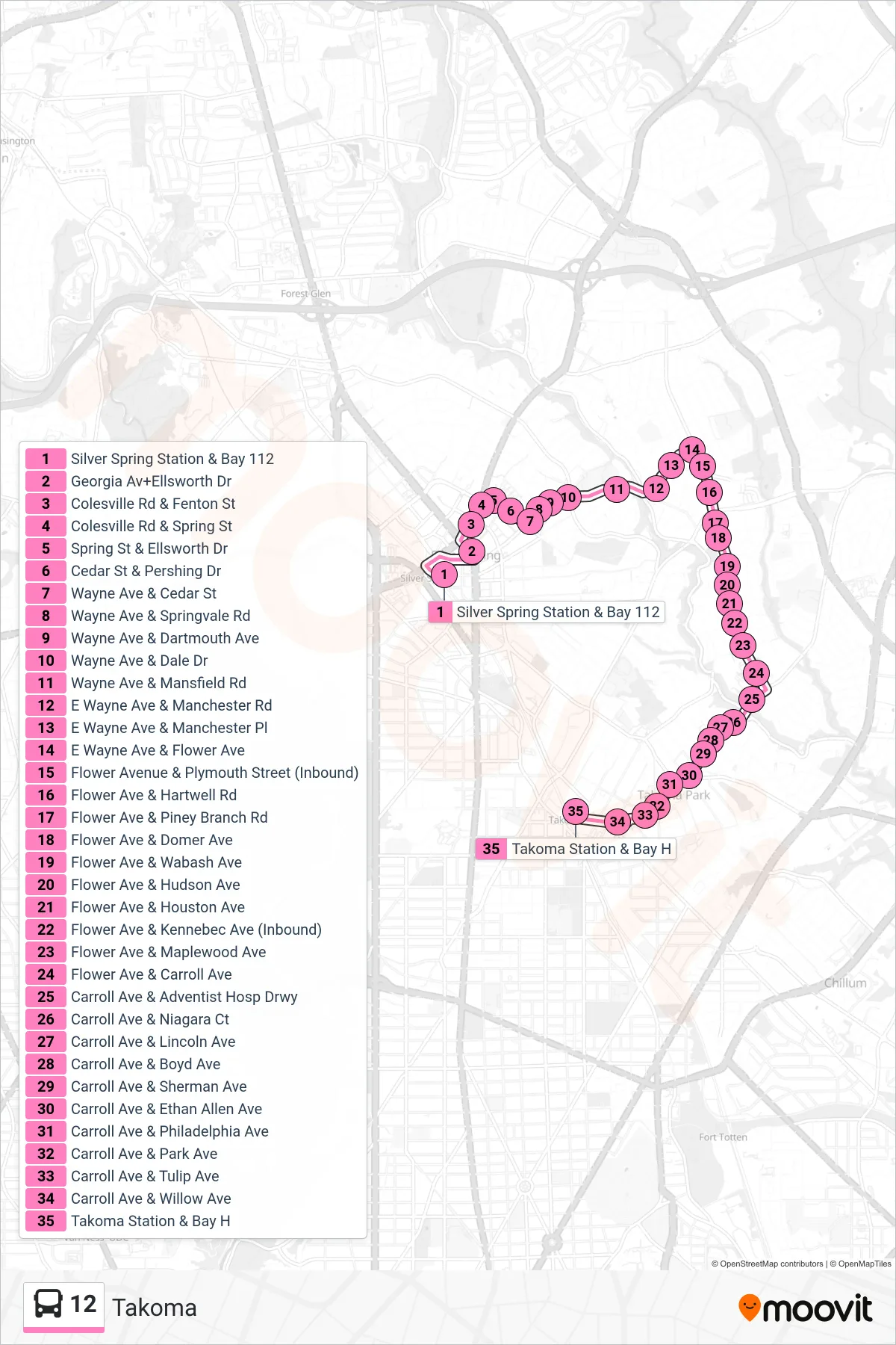 12 bus Line (Takoma) route and stops on a map