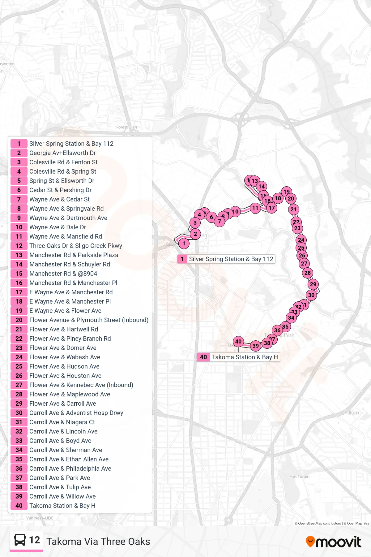12 bus Line (Takoma Via Three Oaks) route and stops on a map