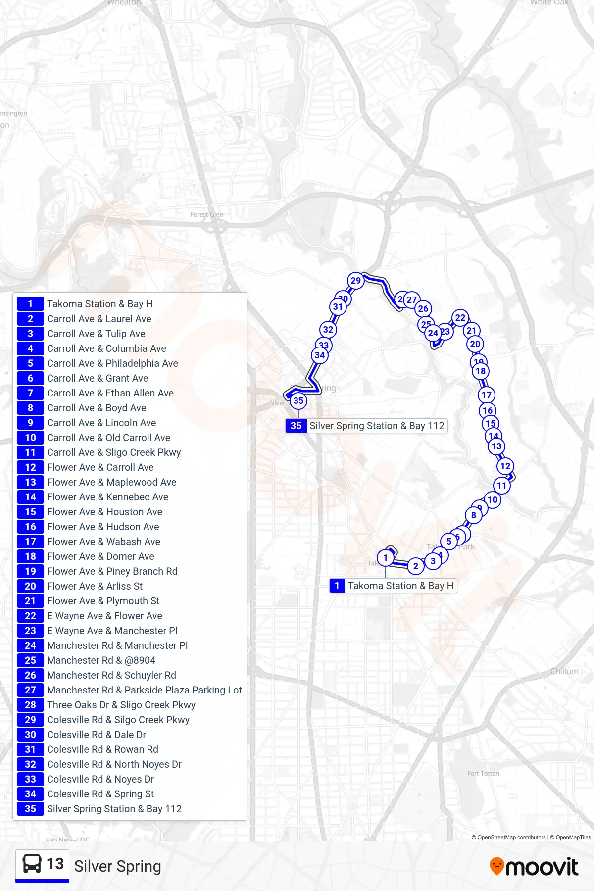13 bus Line (Silver Spring) route and stops on a map