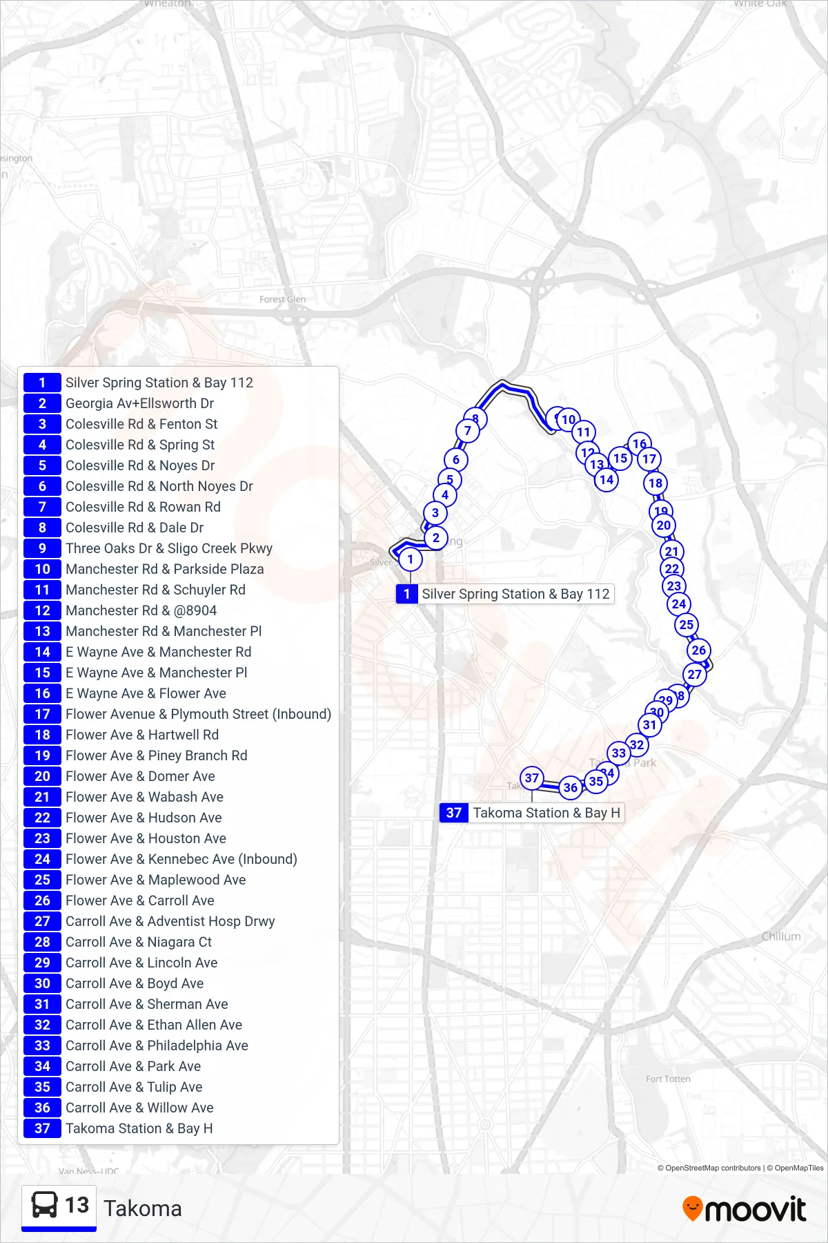 13 bus Line (Takoma) route and stops on a map