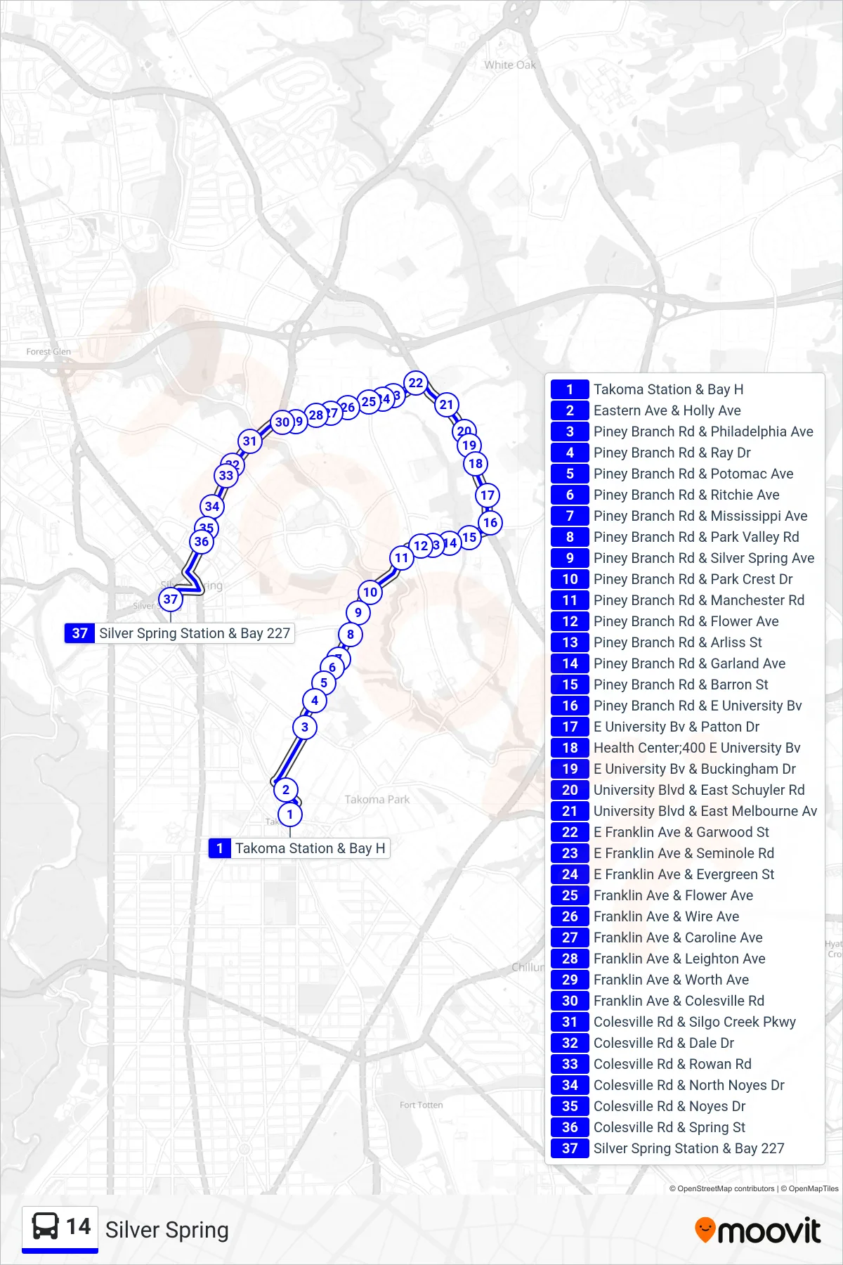 14 bus Line (Silver Spring) route and stops on a map