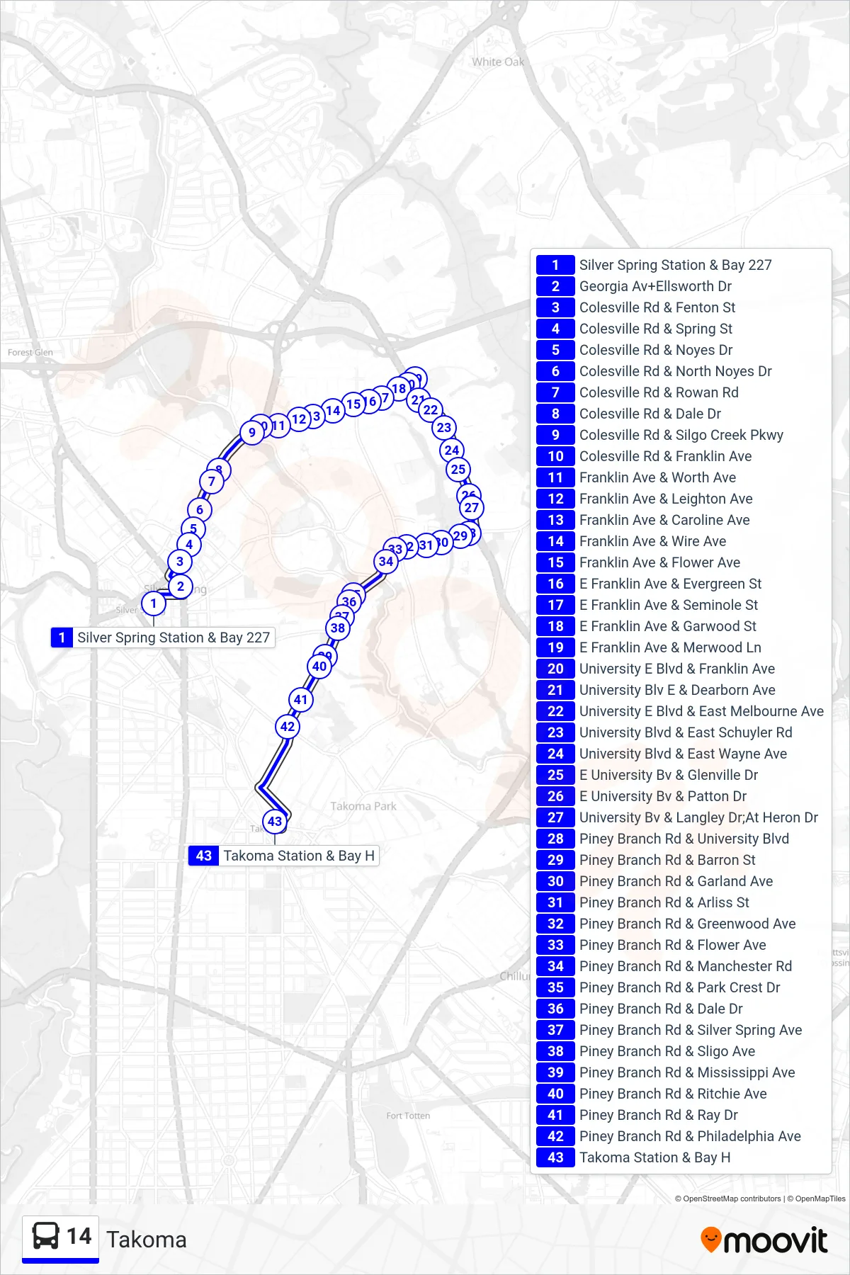 14 bus Line (Takoma) route and stops on a map