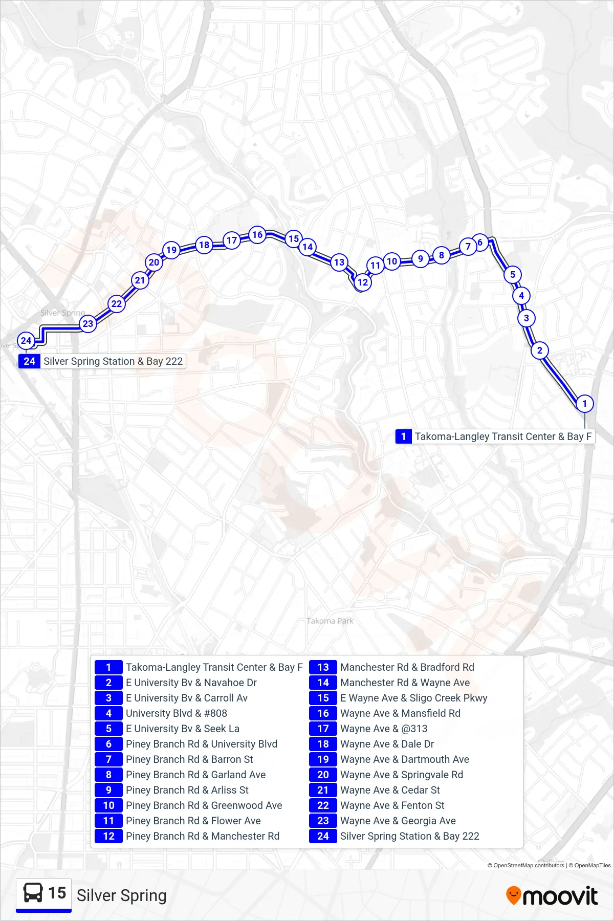 15 bus Line (Silver Spring) route and stops on a map