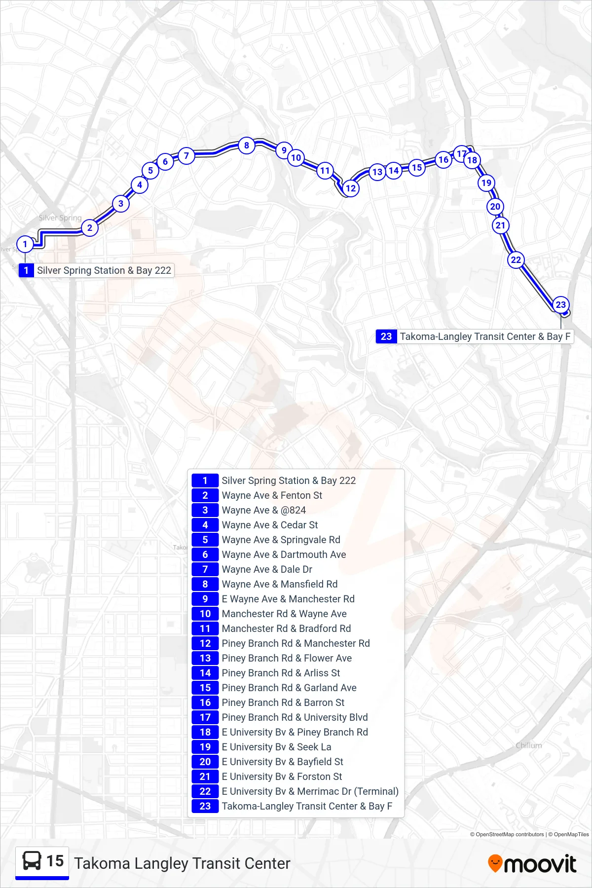 15 bus Line (Takoma Langley Transit Center) route and stops on a map