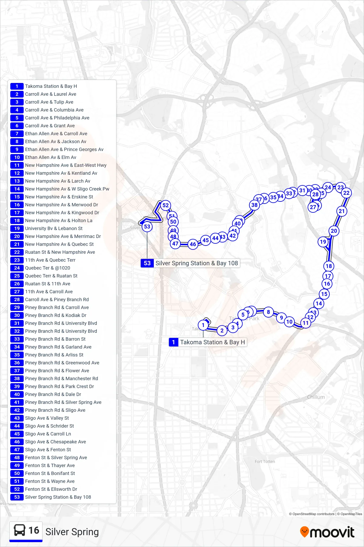 16 bus Line (Silver Spring) route and stops on a map