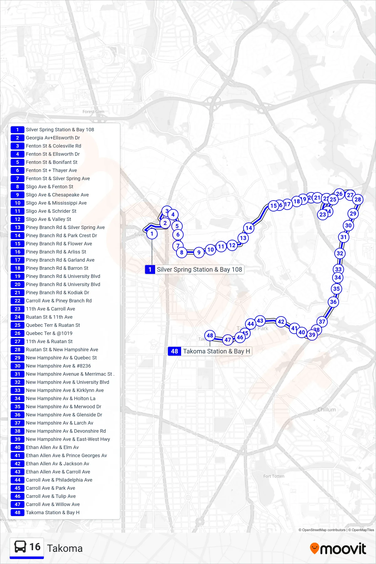 16 bus Line (Takoma) route and stops on a map