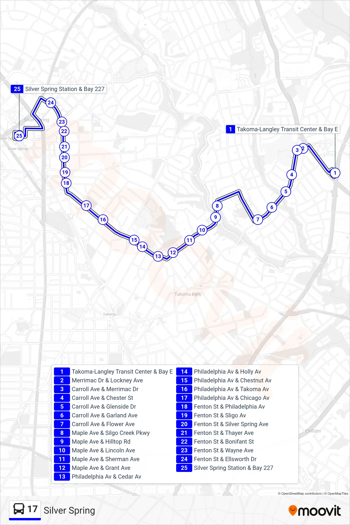 17 bus Line (Silver Spring) route and stops on a map