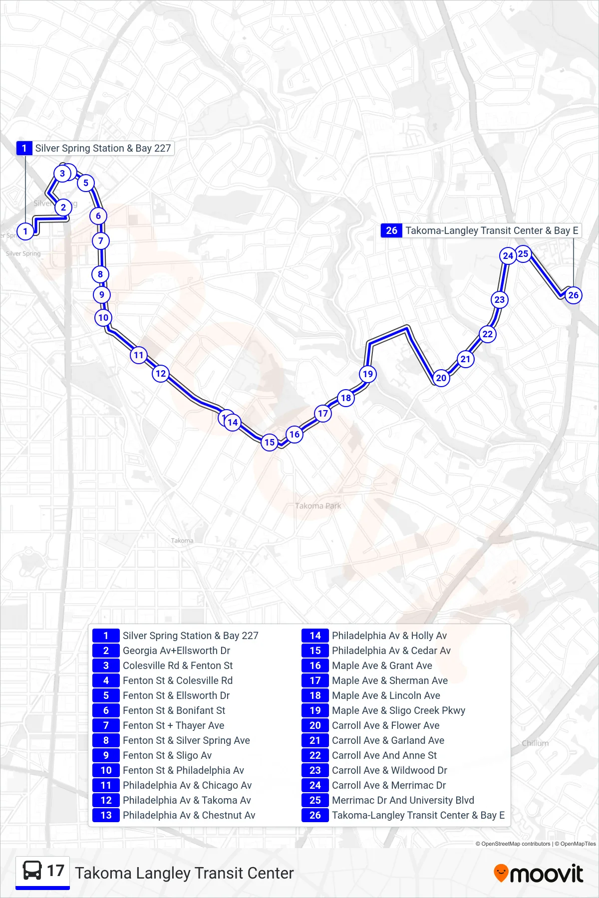 17 bus Line (Takoma Langley Transit Center) route and stops on a map