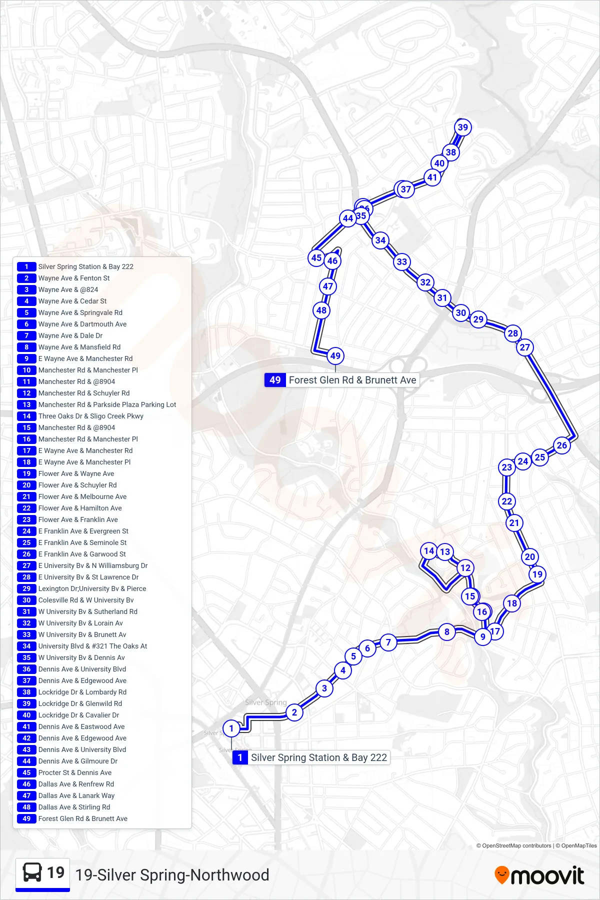 19 bus Line (Dallas Ave Norwood) route and stops on a map