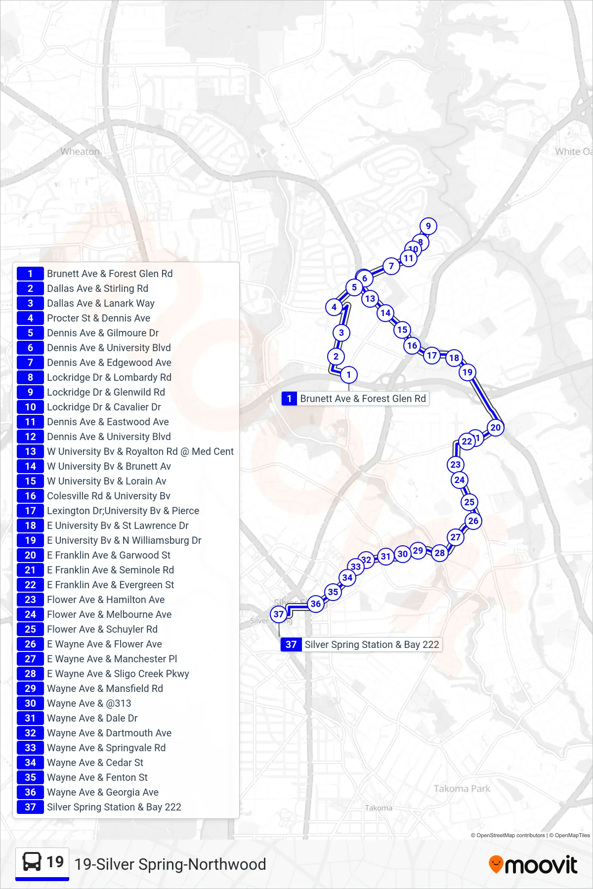 19 bus Line (Silver Spring) route and stops on a map