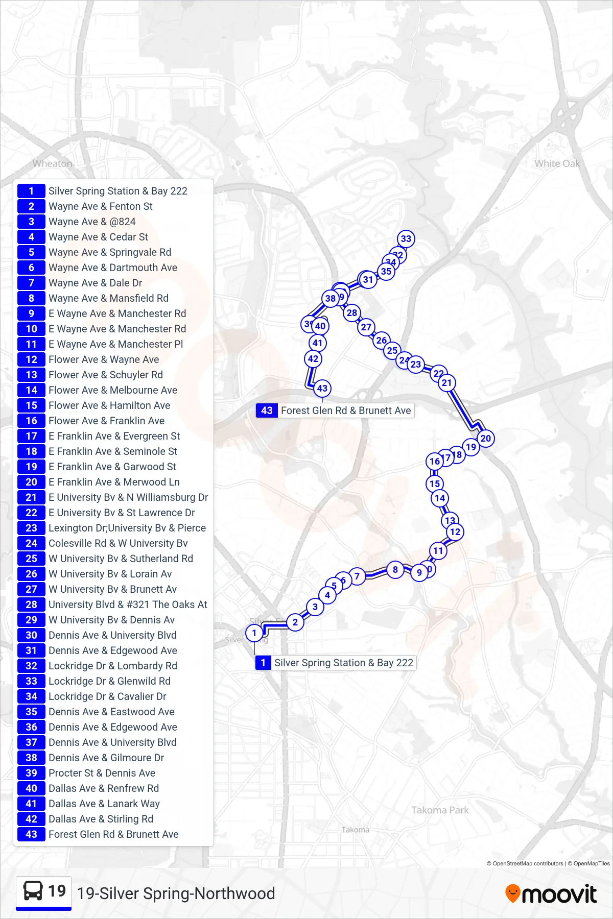 19 bus Line (Dallas Ave/ Norwood) route and stops on a map