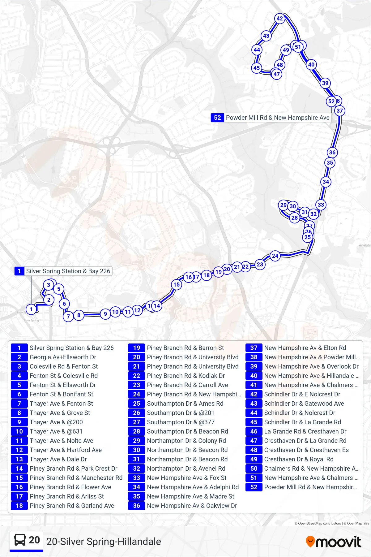 20 bus Line (Hillandale) route and stops on a map