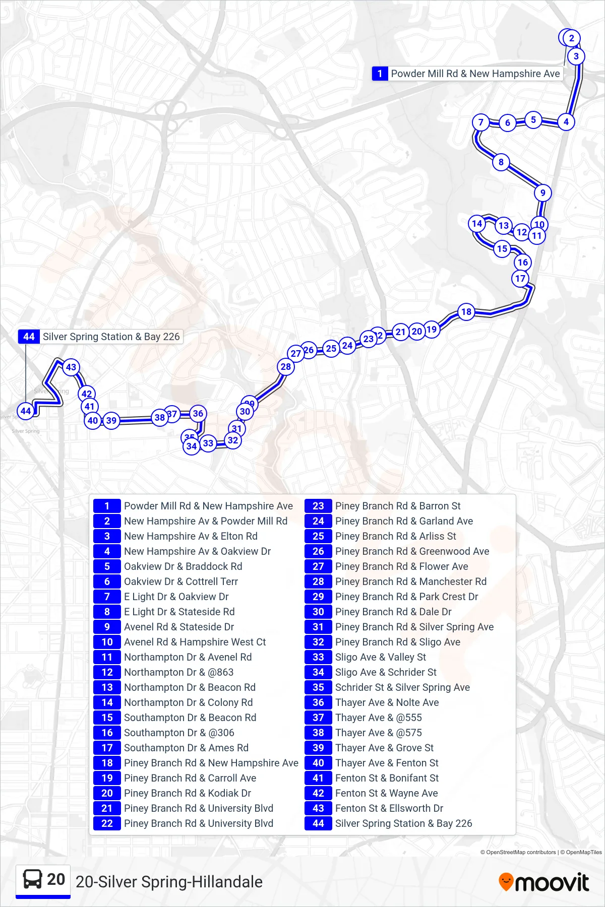 20 bus Line (Silver Spring) route and stops on a map