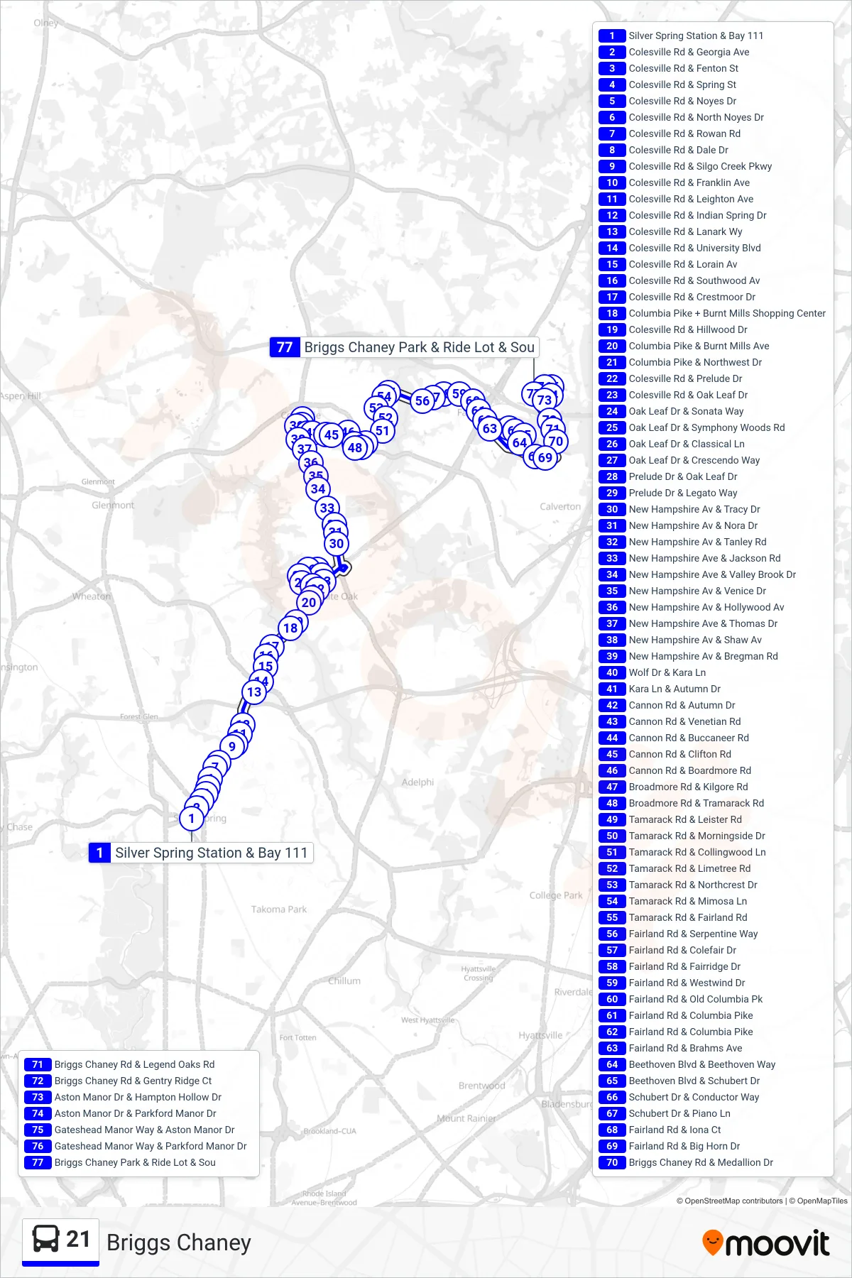 21 bus Line (Briggs Chaney) route and stops on a map