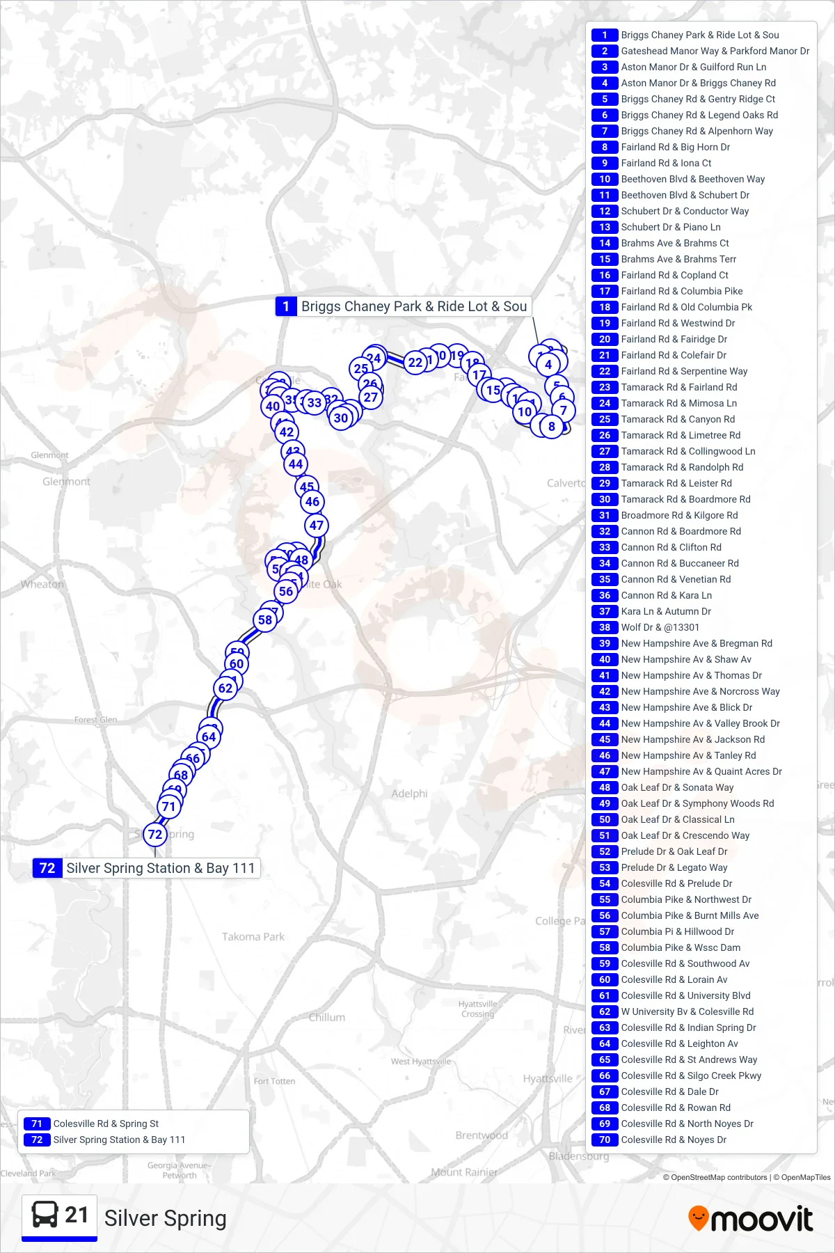 21 bus Line (Silver Spring) route and stops on a map