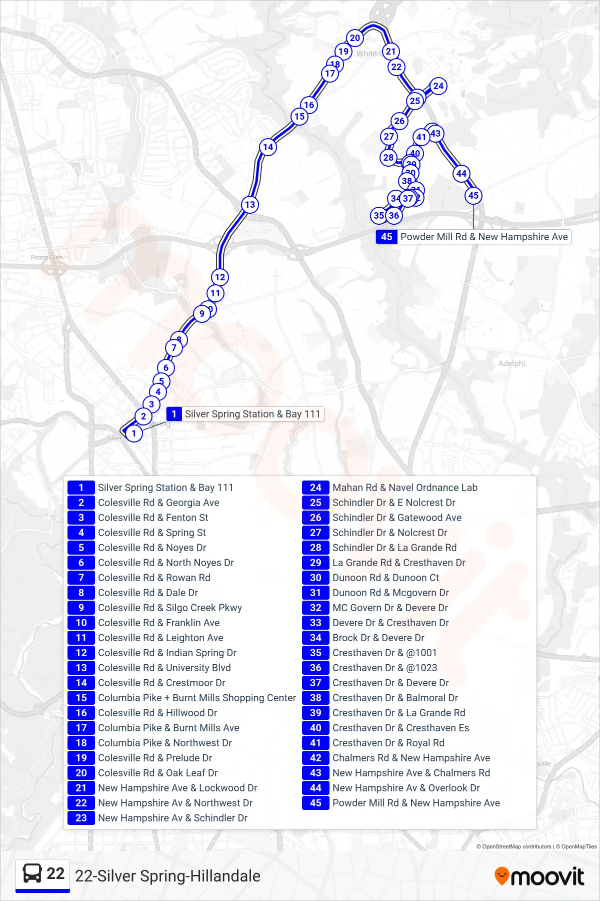 22 bus Line (Hillandale) route and stops on a map