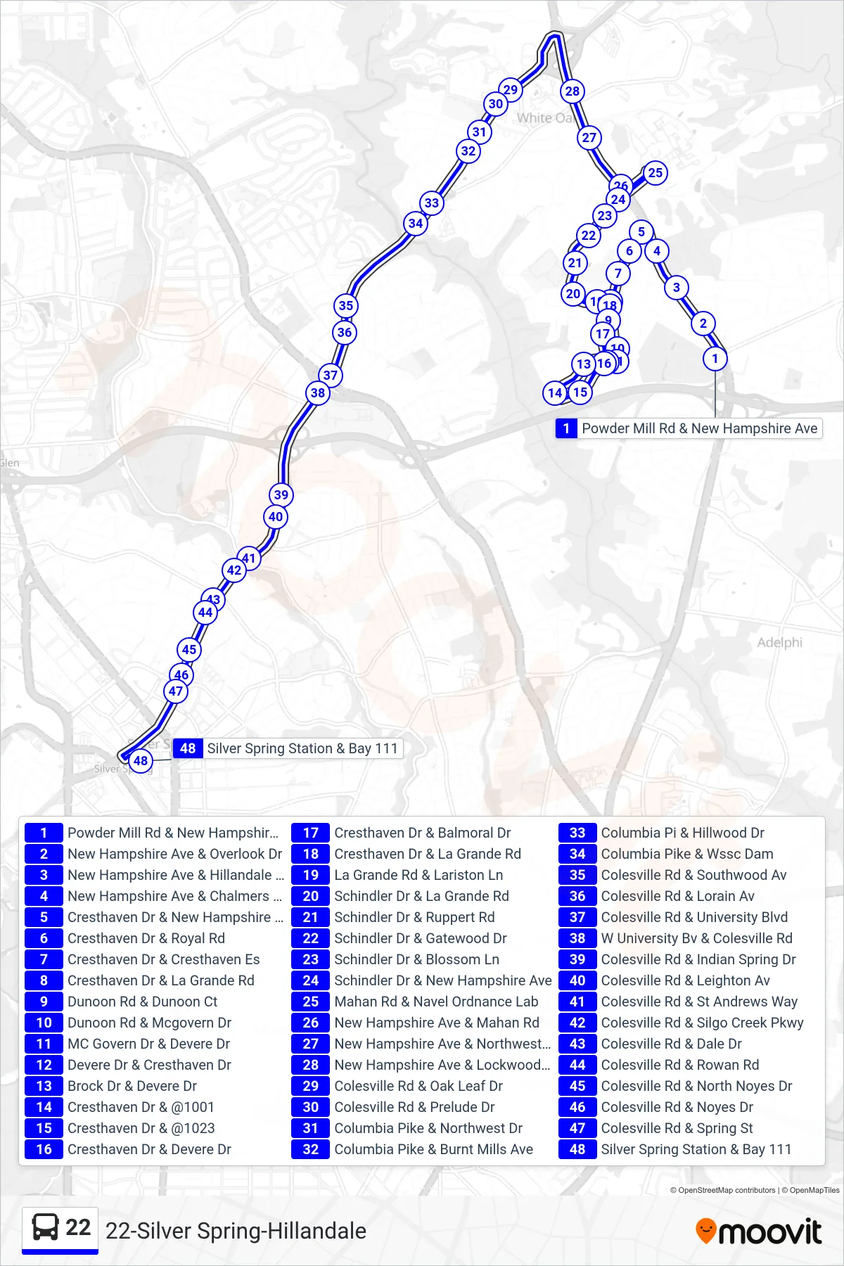 22 bus Line (Silver Spring) route and stops on a map