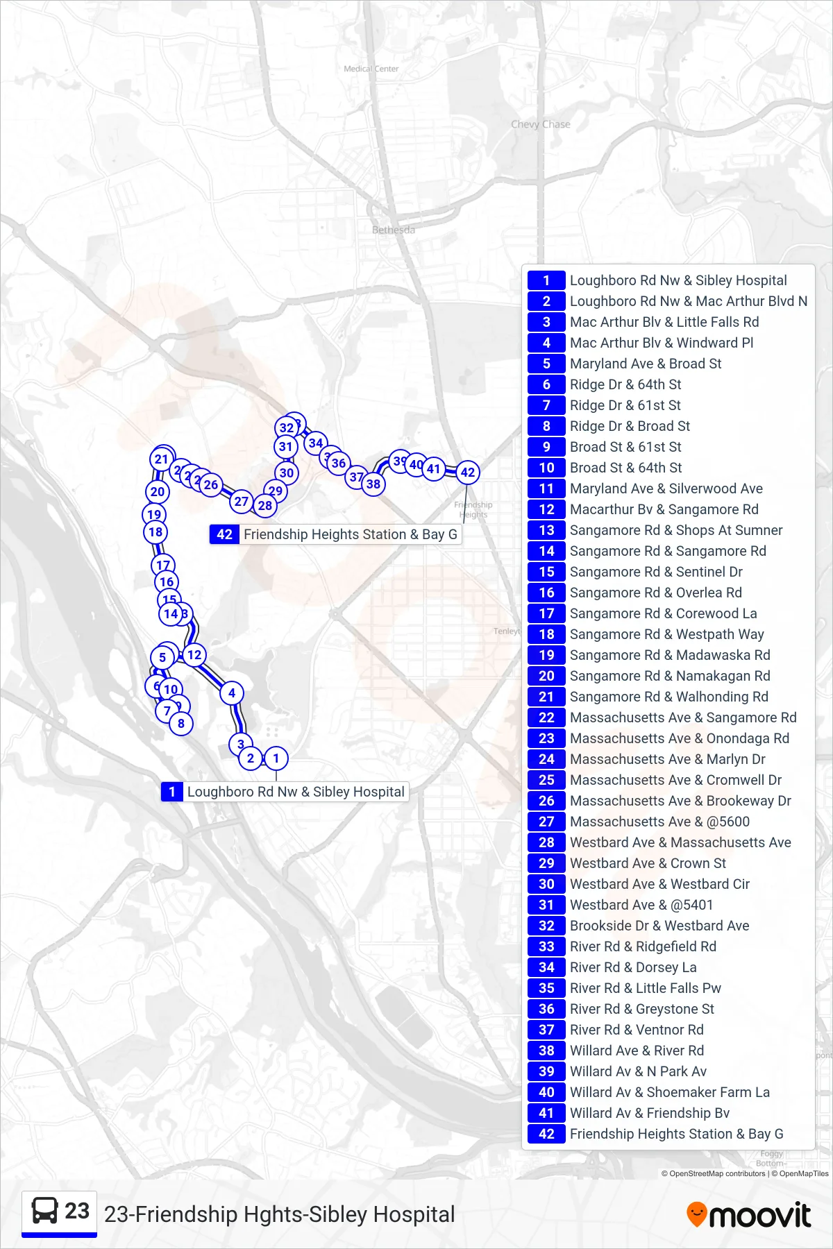 23 bus Line (Friendship Heights) route and stops on a map