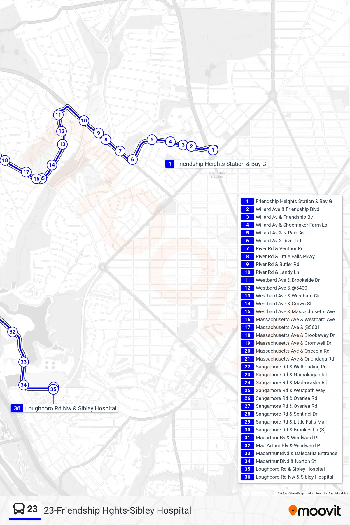 23 bus Line (Sibley Hospital) route and stops on a map