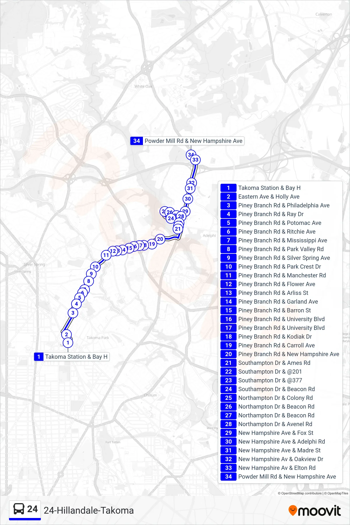 24 bus Line (Hillandale) route and stops on a map