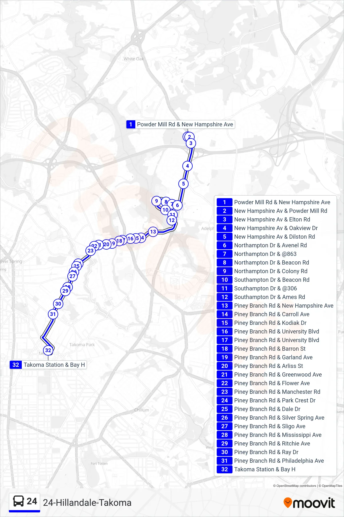 24 bus Line (Takoma) route and stops on a map