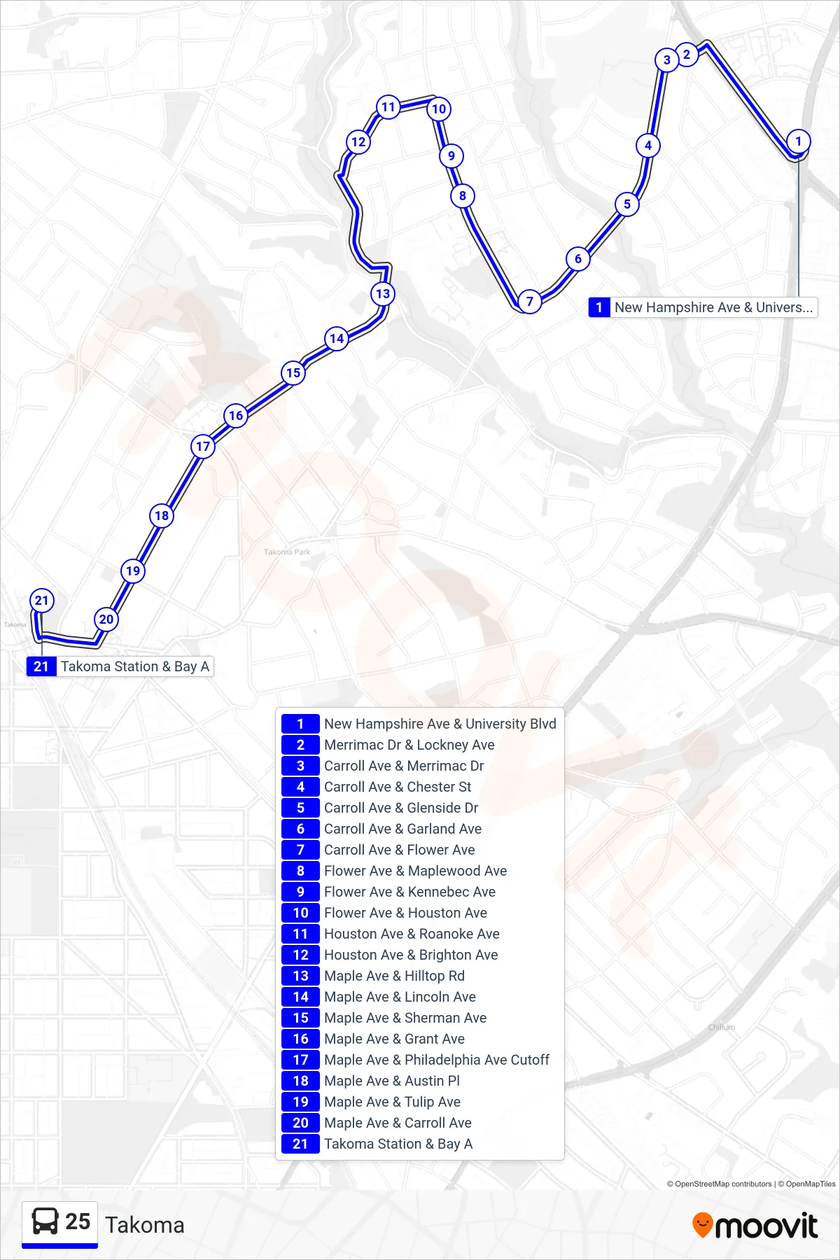 25 bus Line (Takoma) route and stops on a map