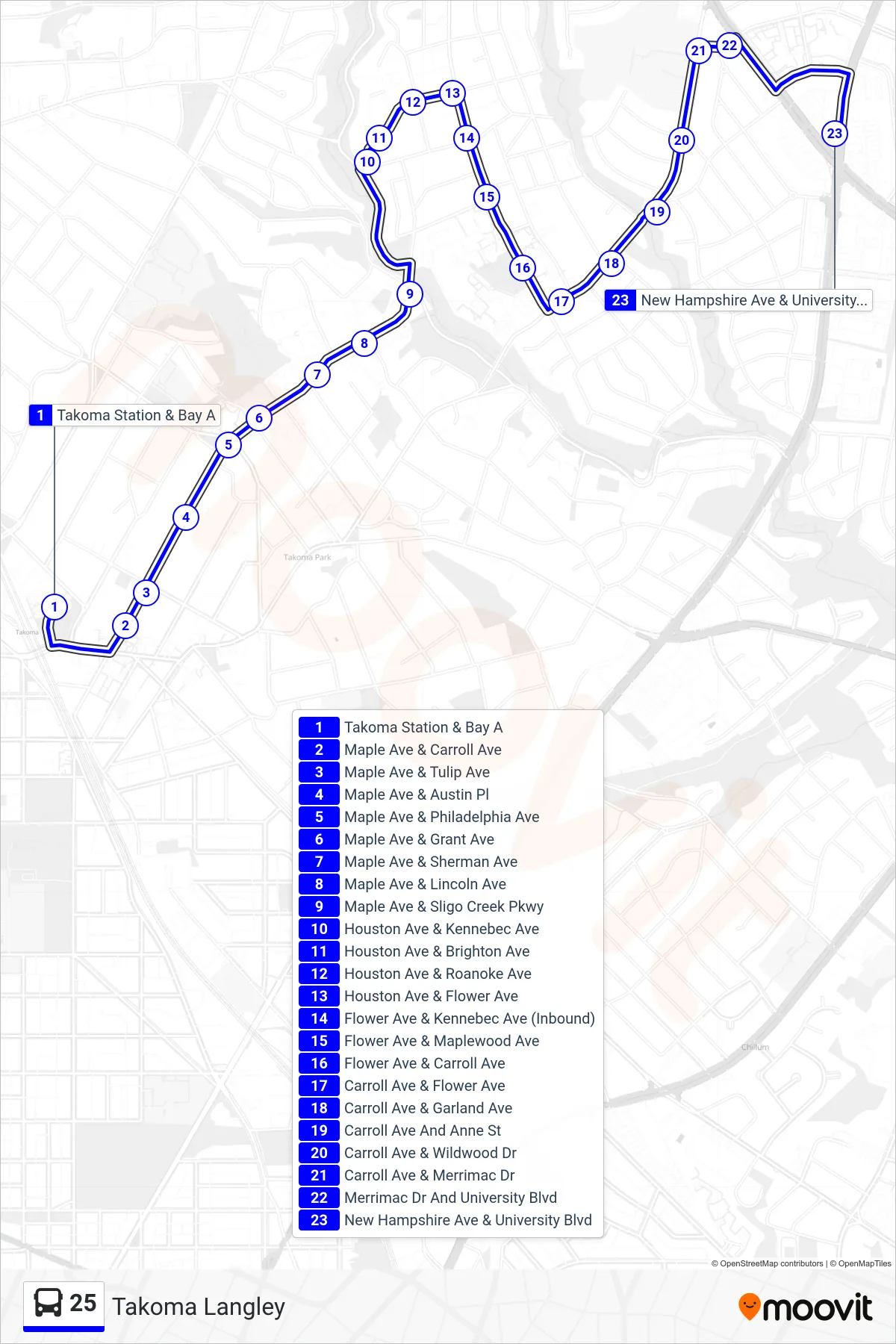 25 bus Line (Takoma Langley) route and stops on a map