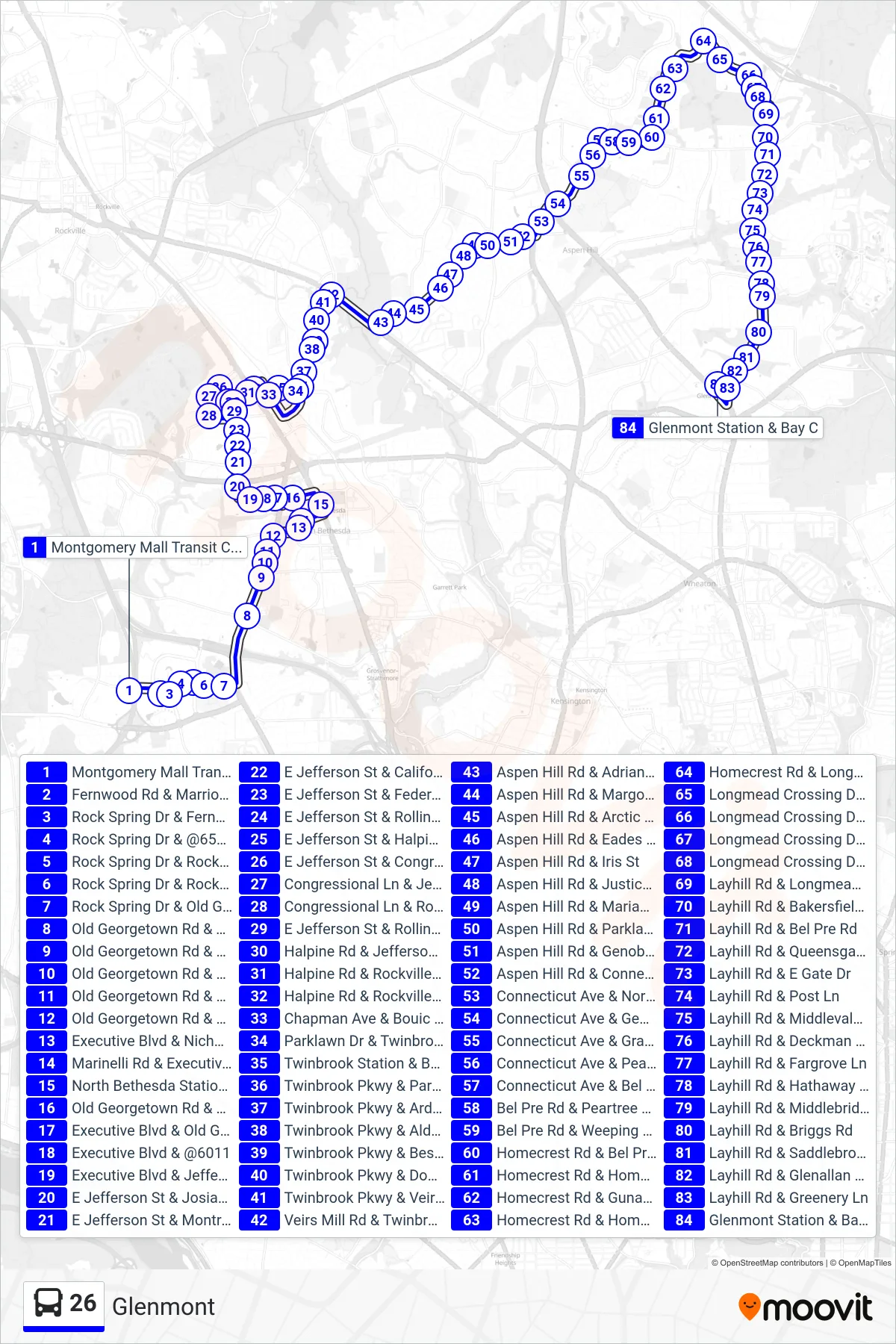 26 bus Line (Glenmont) route and stops on a map