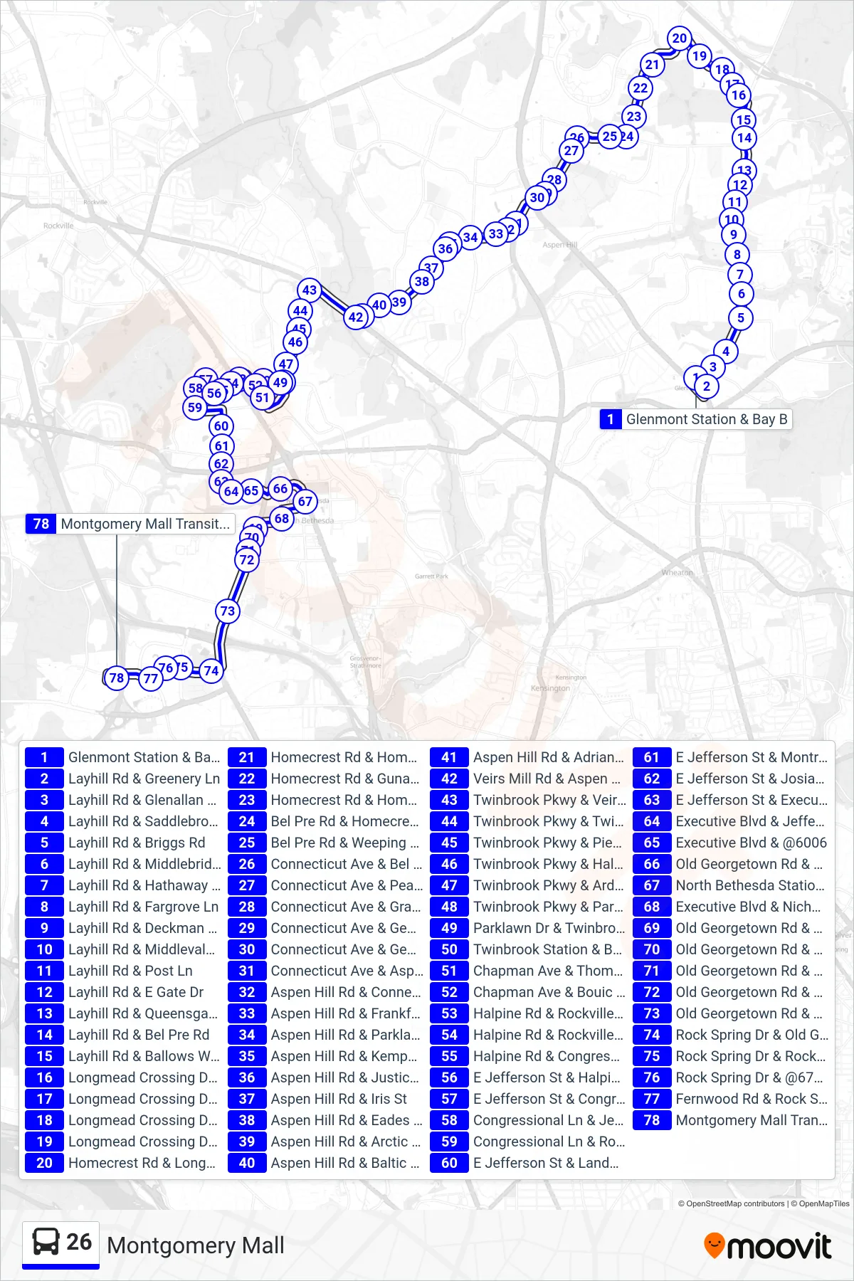 26 bus Line (Montgomery Mall) route and stops on a map