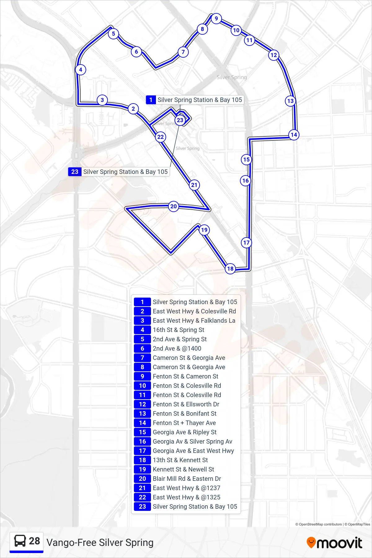 28 bus Line (Vango-Free Silver Spring) route and stops on a map
