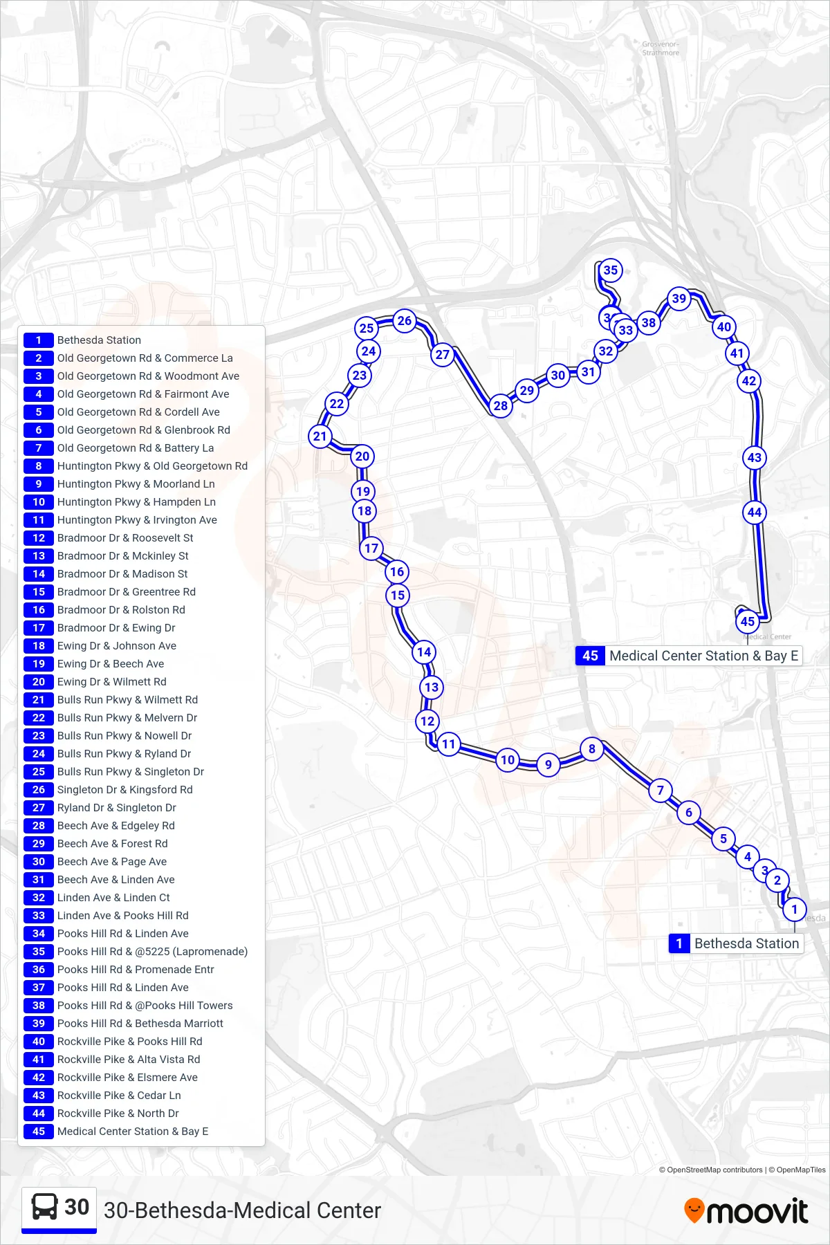 30 bus Line (Medical Center) route and stops on a map