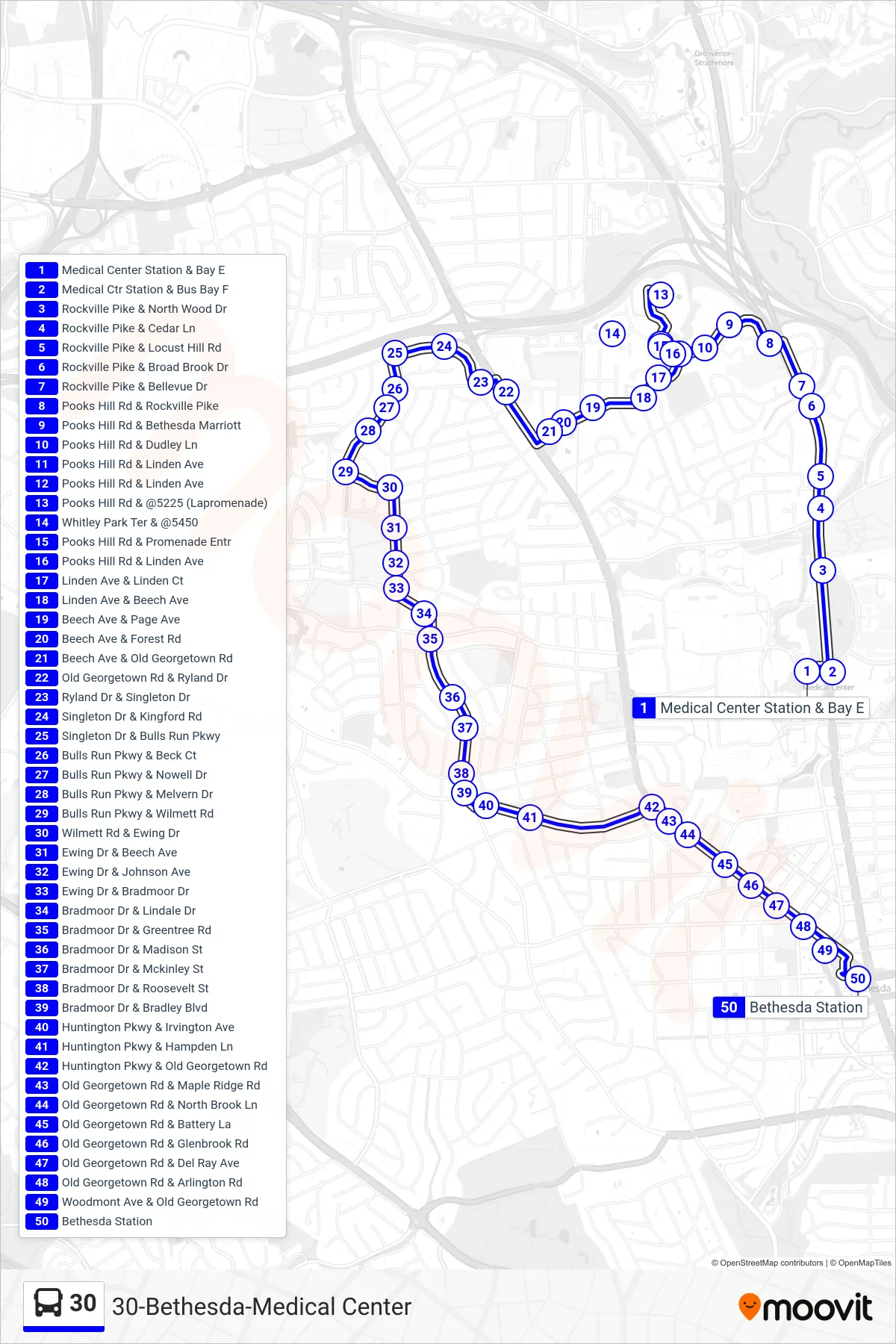 30 bus Line (Bethesda) route and stops on a map