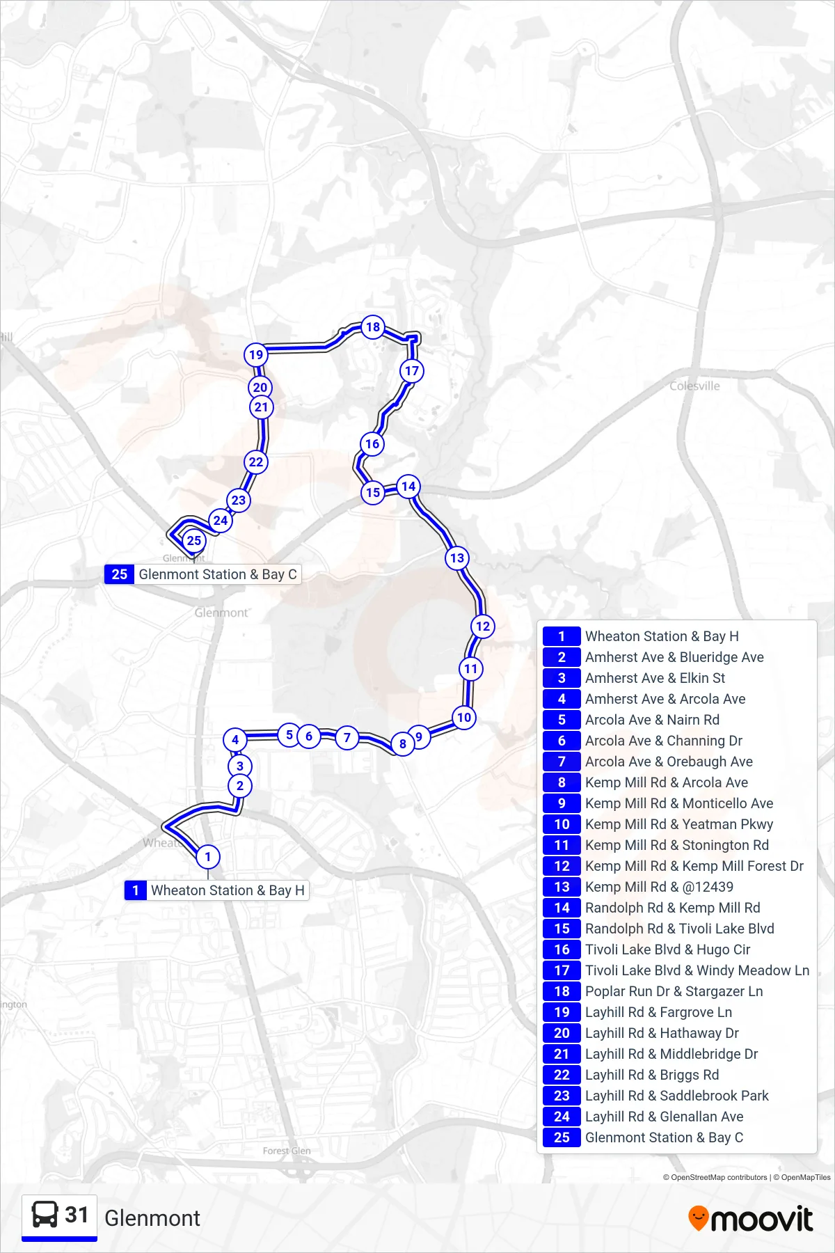 31 bus Line (Glenmont) route and stops on a map