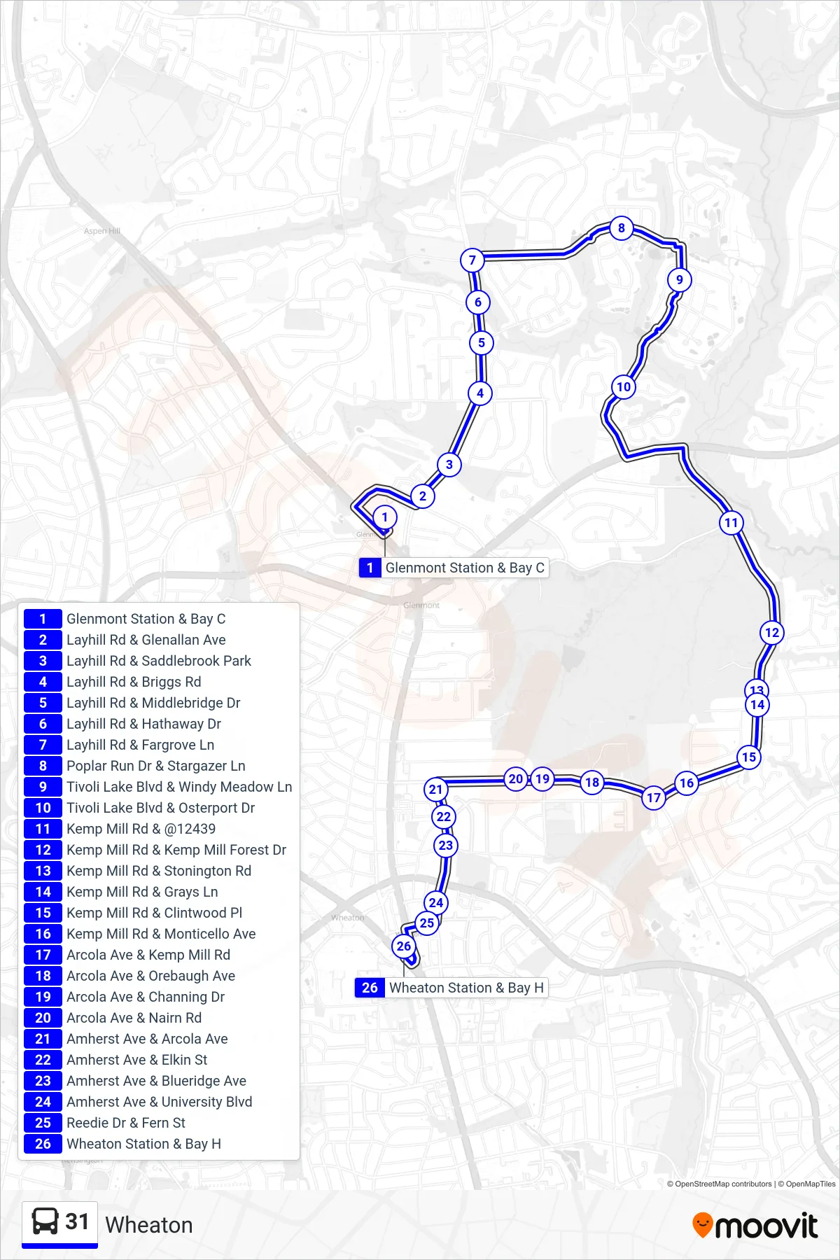 31 bus Line (Wheaton) route and stops on a map