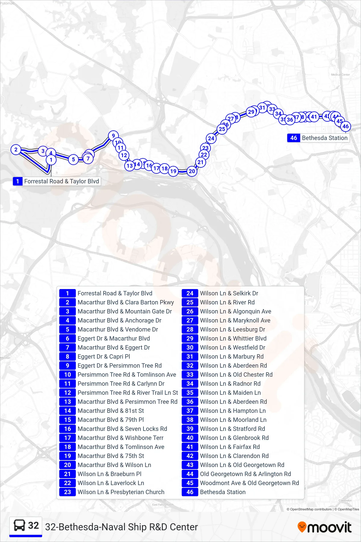 32 bus Line (Bethesda) route and stops on a map