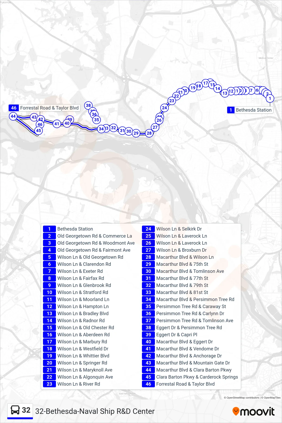 32 bus Line (Naval Ctr Carderock) route and stops on a map