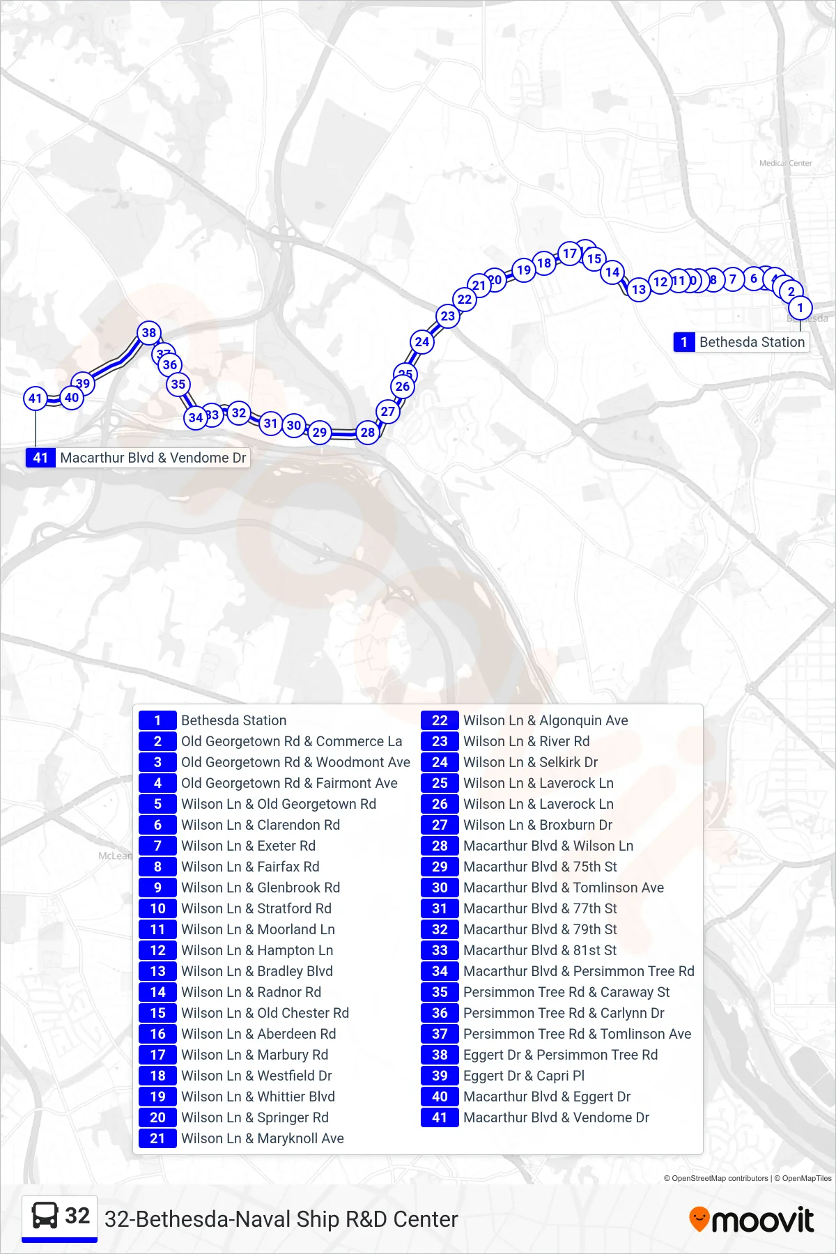 32 bus Line (Mac Arthur Blvd/Vendome Dr) route and stops on a map