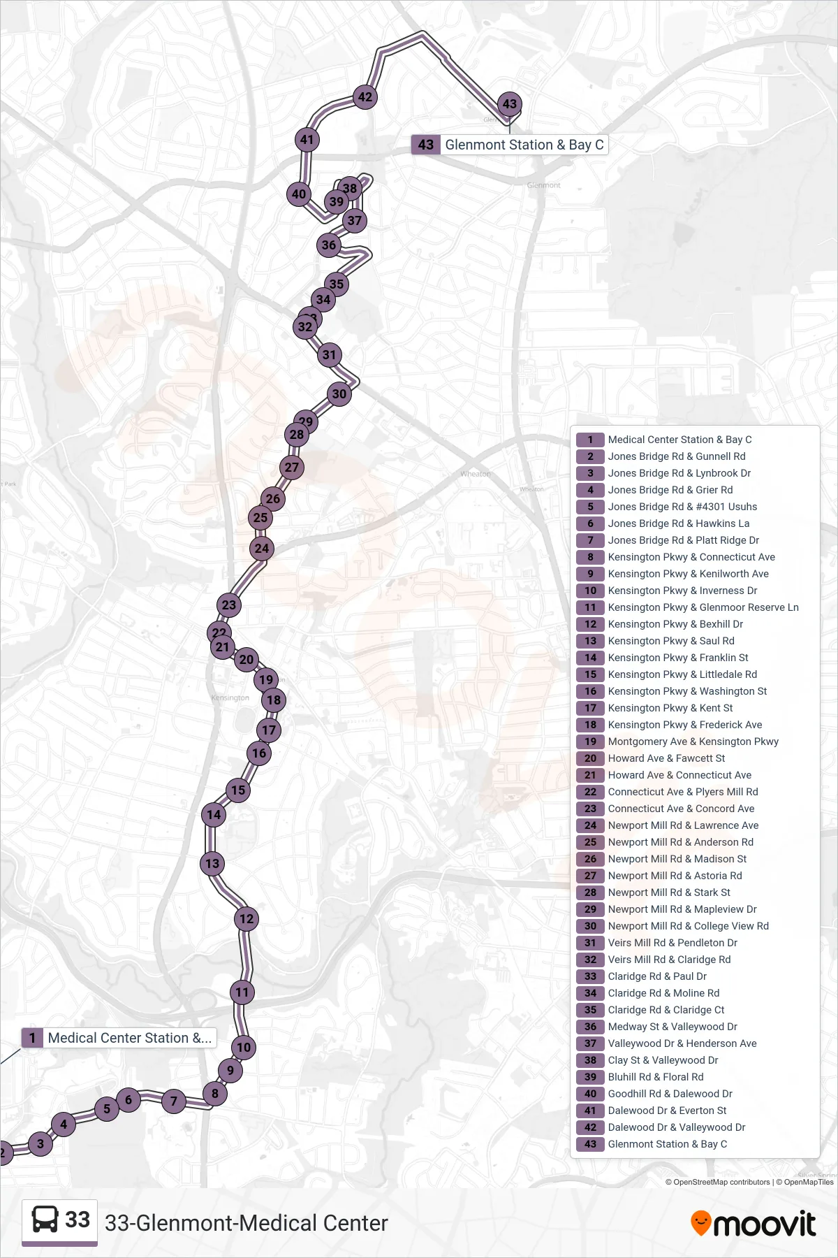 33 bus Line (Glenmont) route and stops on a map