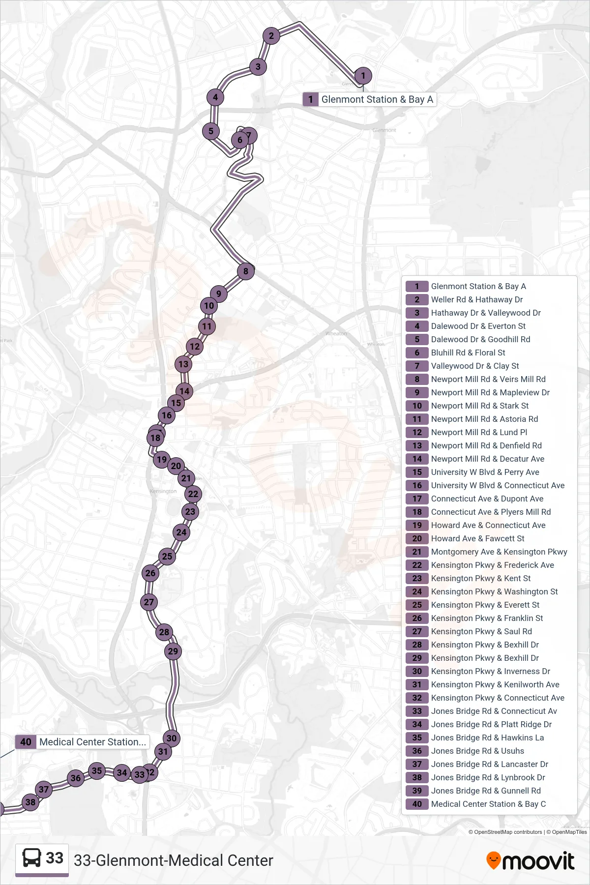 33 bus Line (Medical Center) route and stops on a map