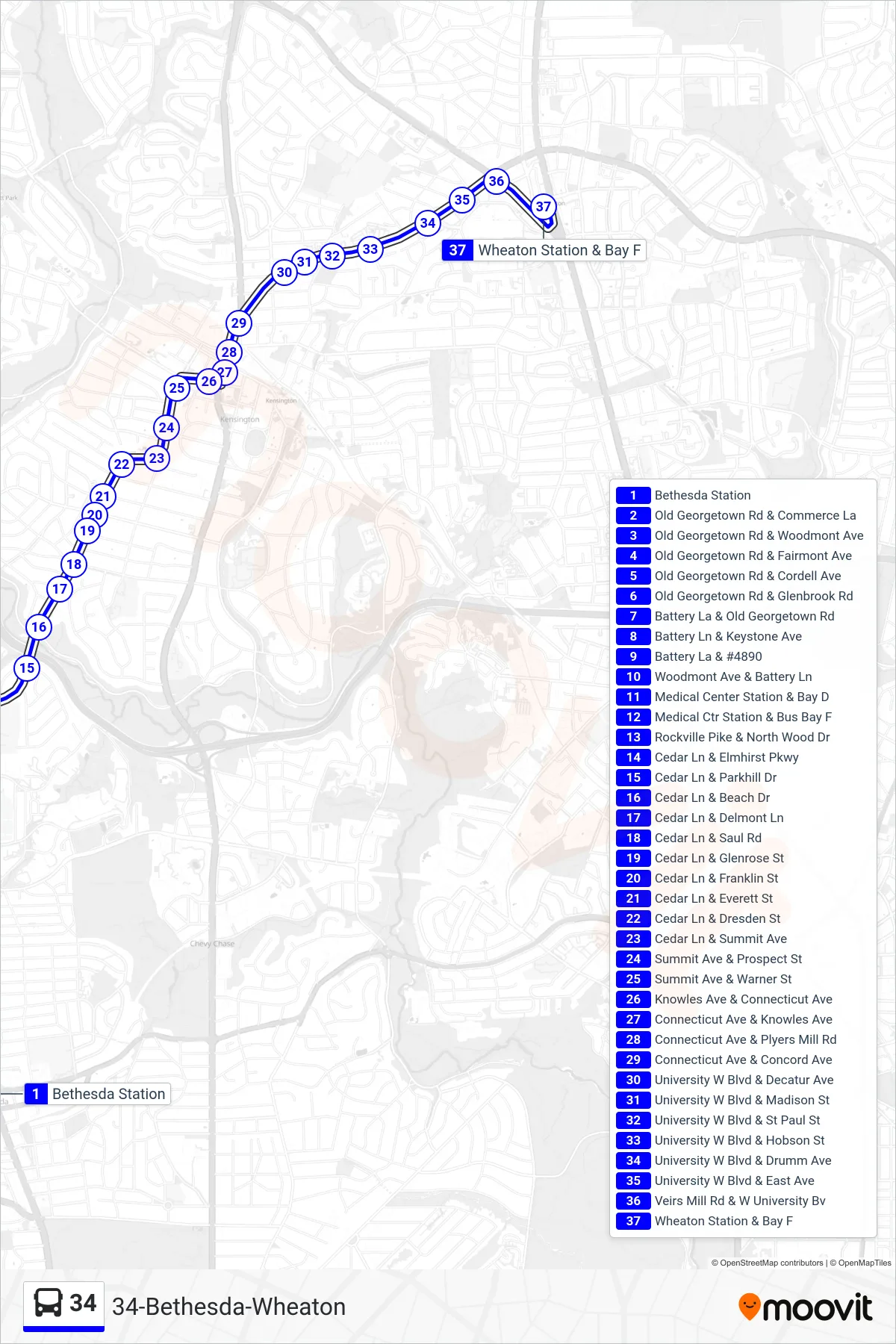 34 bus Line (Wheaton) route and stops on a map