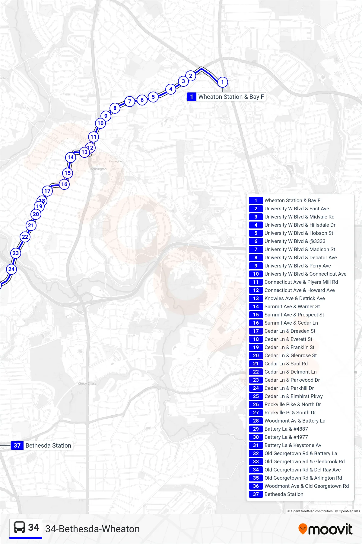 34 bus Line (Bethesda) route and stops on a map