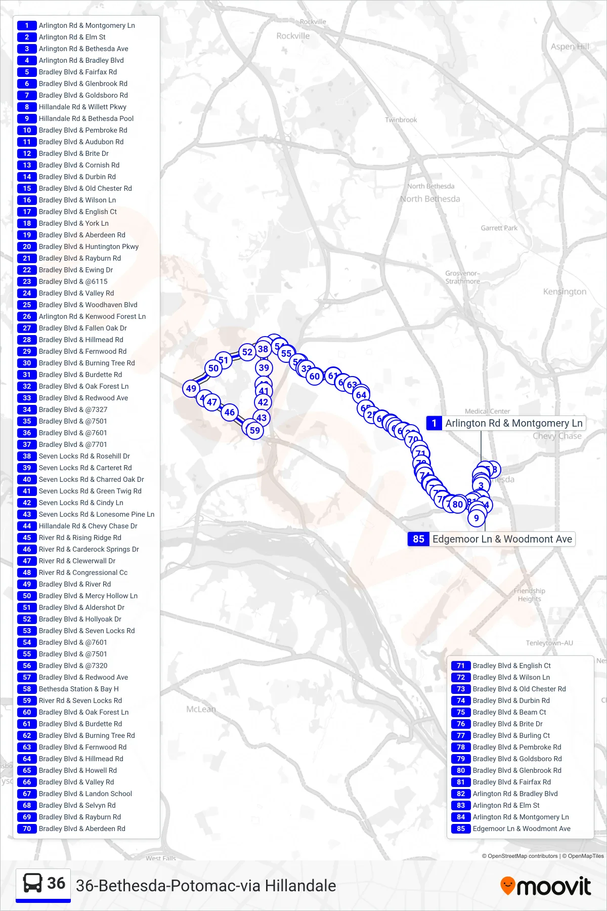 36 bus Line (Bethesda Loop) route and stops on a map