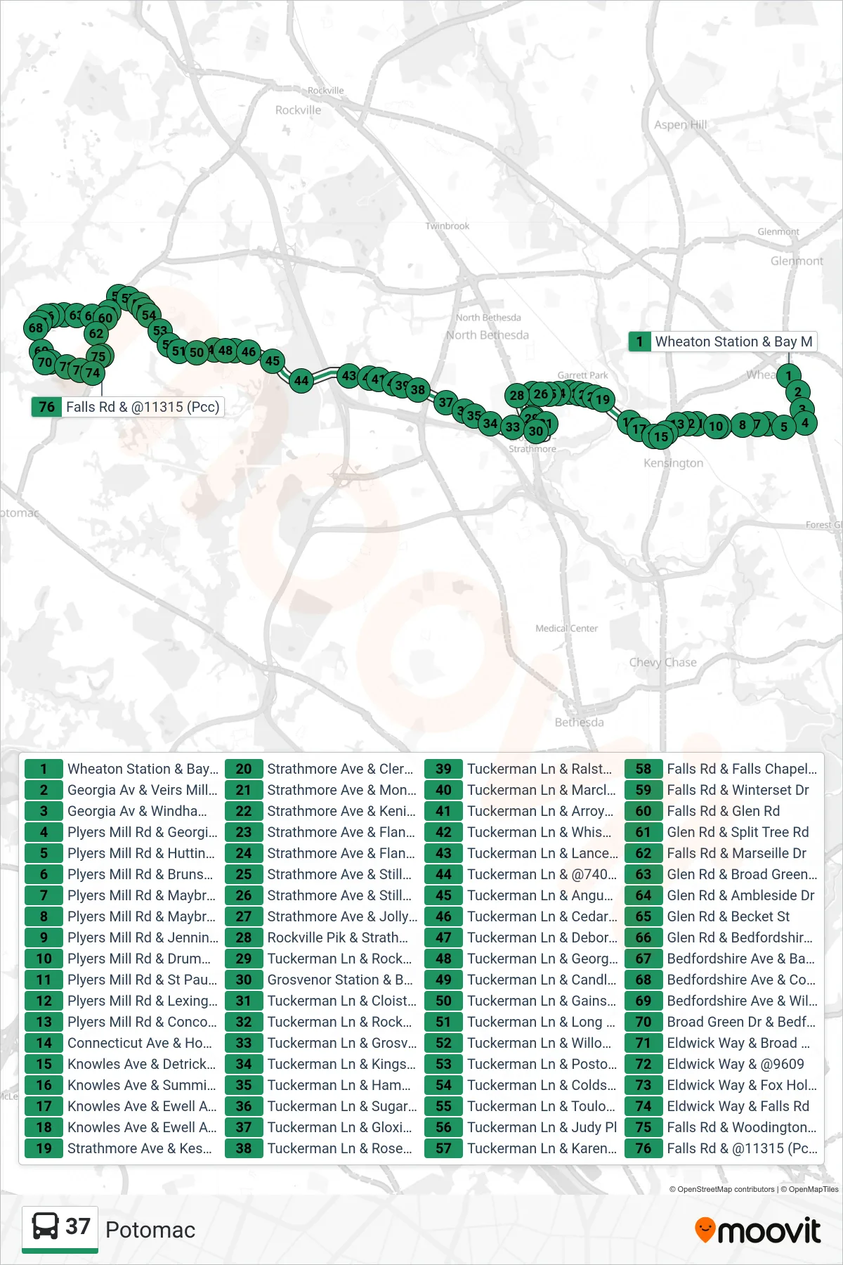 37 bus Line (Potomac) route and stops on a map