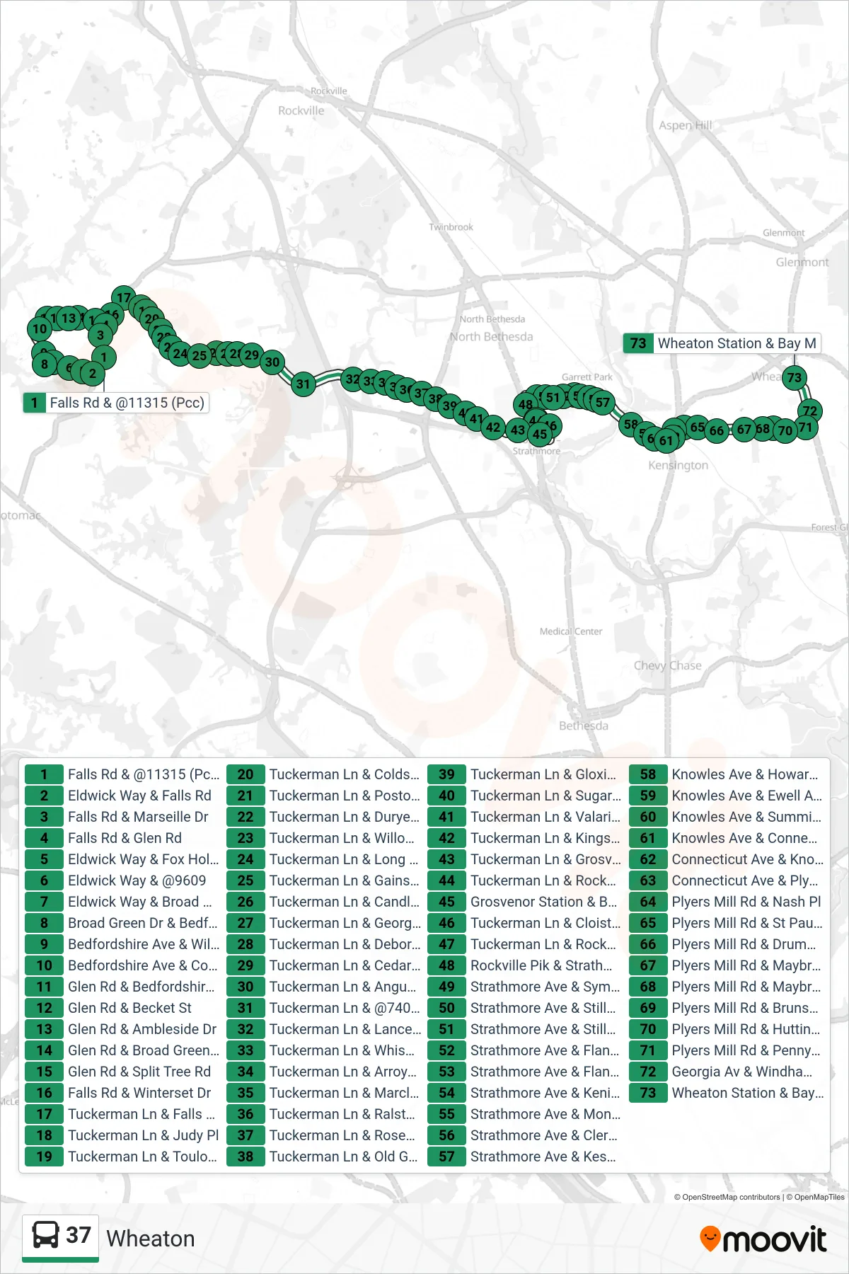 37 bus Line (Wheaton) route and stops on a map