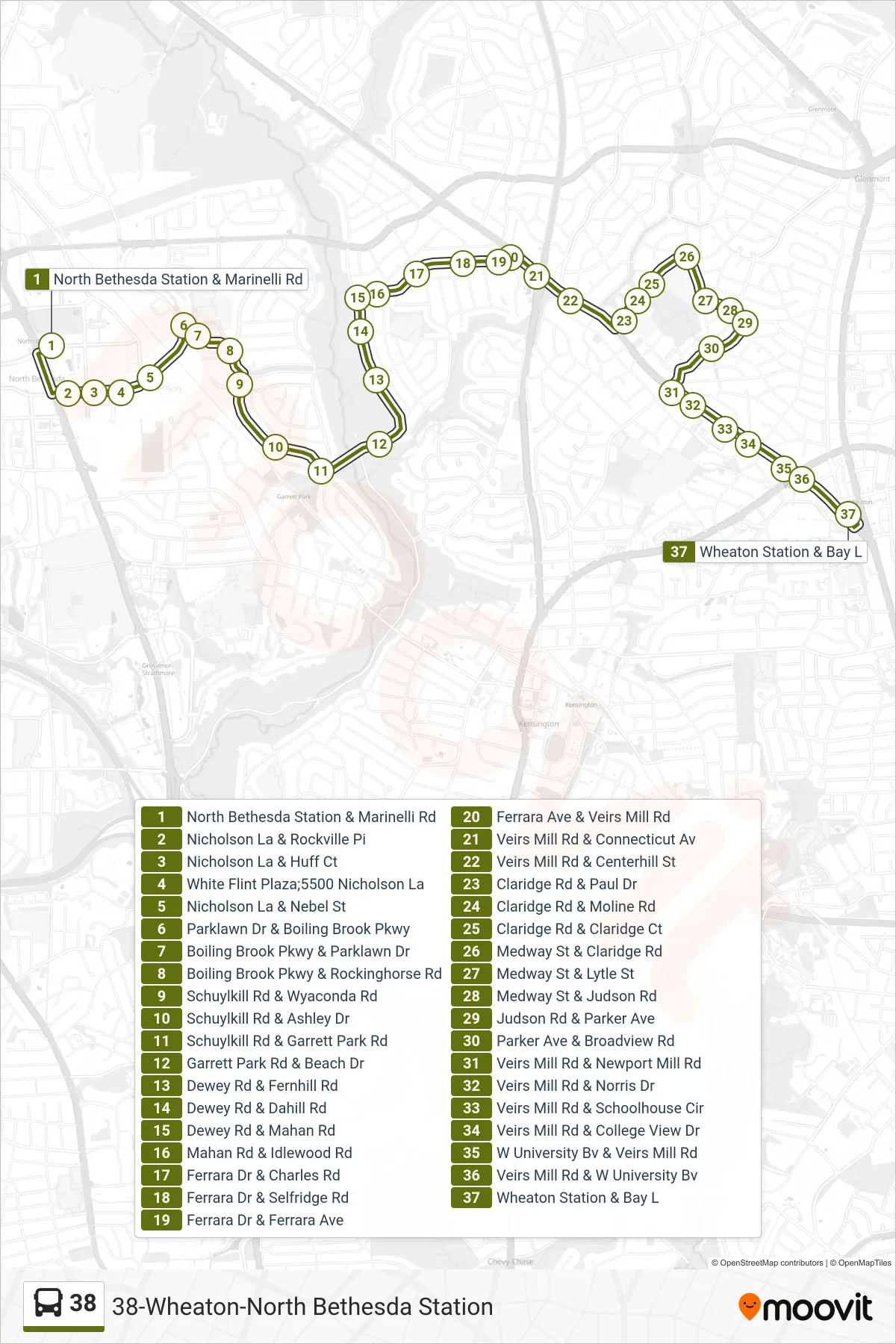38 bus Line (Wheaton) route and stops on a map