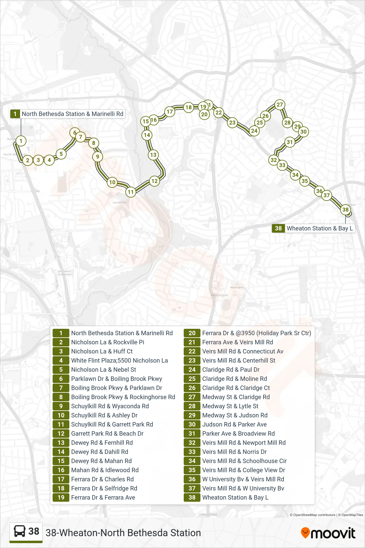 38 bus Line (Wheaton Via Hp) route and stops on a map