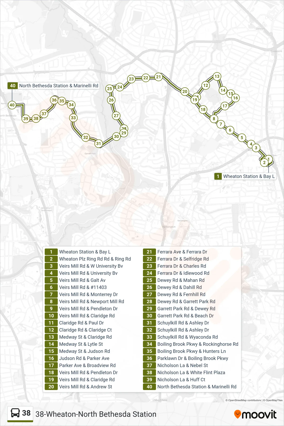 38 bus Line (North Bethesda Via Wheaton Plaza) route and stops on a map