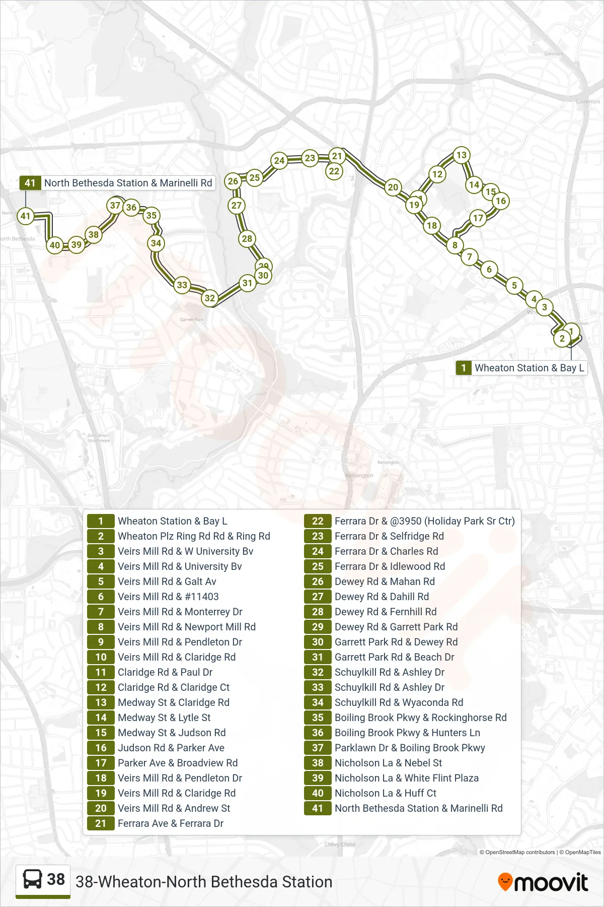 38 bus Line (North Bethesda Via Holiday Park & Wheaton Plaza) route and stops on a map