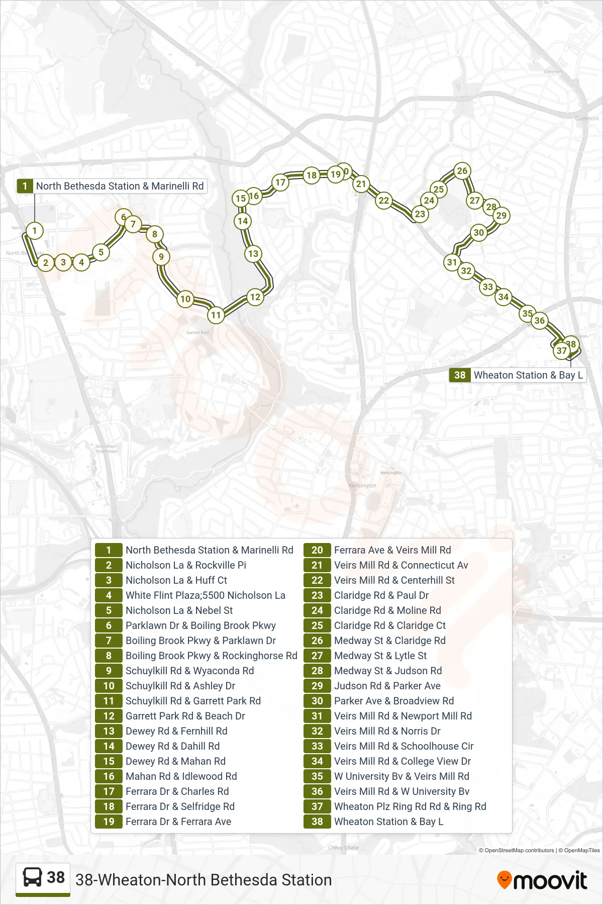38 bus Line (Wheaton Via Wheaton Plaza) route and stops on a map